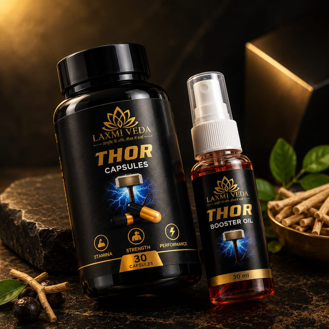 LAXMI VEDA THOR Performance Combo | Ayurvedic Capsules (30 Capsules) + Booster Oil (30 ml) | Men's Wellness Support